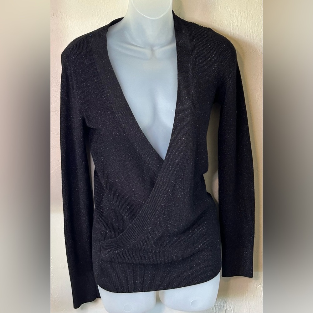 White House Black Market V-Neck Surplice Sweater - Black Shimmer - Sz XS